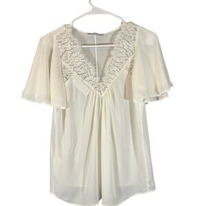 Mango White Lace Applique Flutter Short Sleeve V-Neck Blouse Women Sz 2